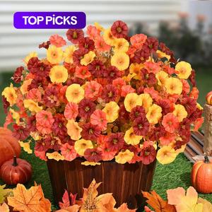 artificial mums for outdoors, 12 bundles faux mums for outdoor planters, fall flowers artificial for decoration, uv resistant fake flowers for garden porch yard patio, brown, orange & yellow, decorative