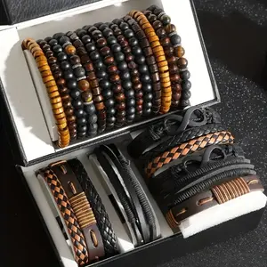 24pcs Men's Stylish Bracelet Set • Street Style Faux Leather And Wooden Beads • Perfect for Casual Outfits And Versatile Stacking Design for Gifts (Box Not Included)