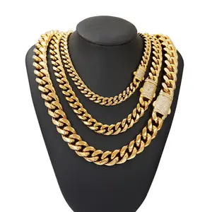 14K Gold Plated Cuban Link Chain with Iced Out Clasp - Thick Miami Curb Chain, No Fading Hip Hop Jewelry for Men