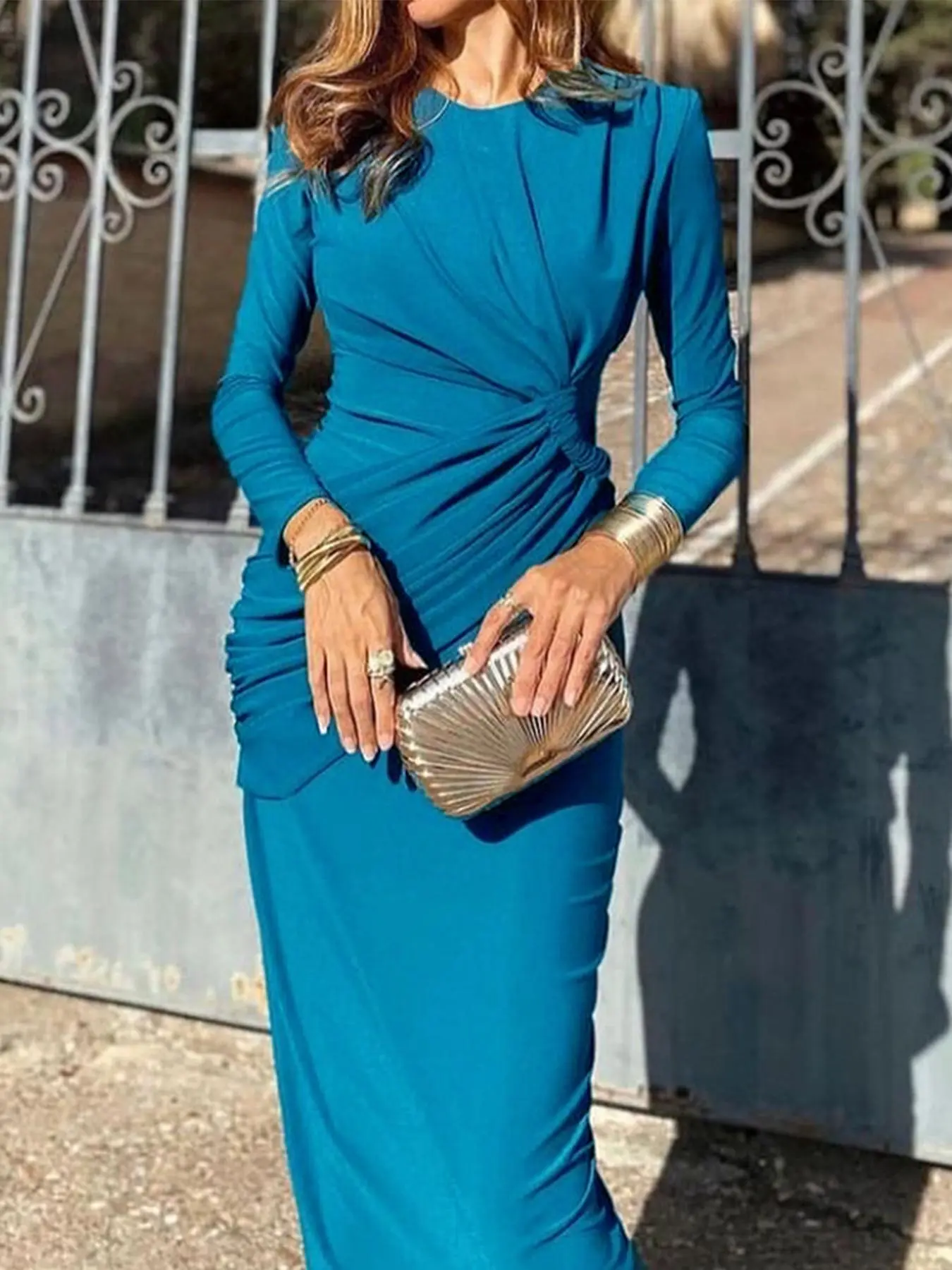 Women's Solid Color Round Neck Dress, Elegant Chic Style Long Sleeve Crew  Neck Dress for Party Holiday Wedding Guest, Ladies Spring & Fall Clothes -  TikTok Shop