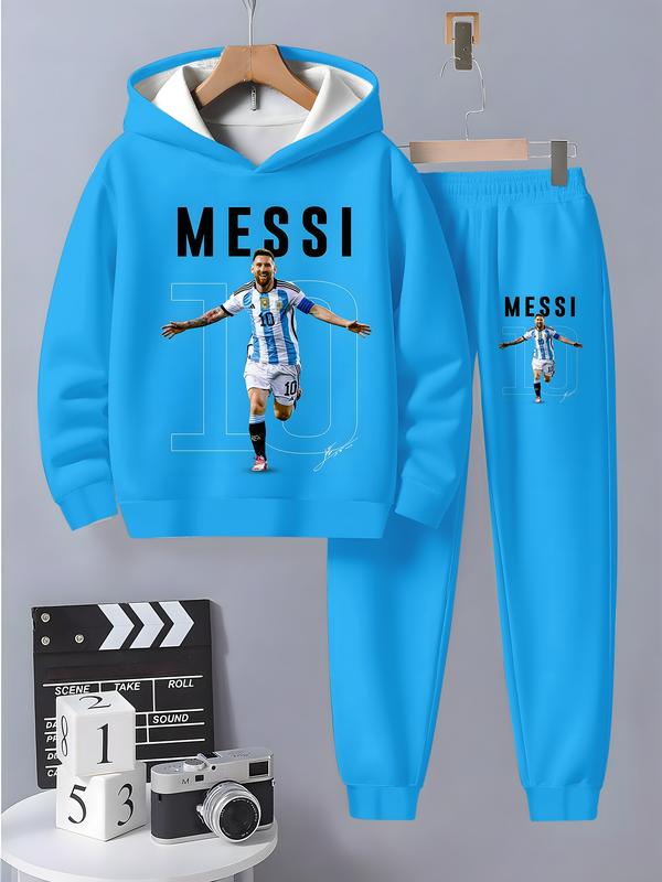 Boys' Football Theme Hoodie & Jogger Set, Casual Fitted Sportswear for Spring & Fall, Warm Comfortable School Training Daily Wear