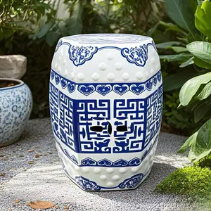 17.5in Square Ceramic Chinoiserie Garden Stool - Blue/White, Antique Textured, Ideal for Bohemian Coastal Outdoor Furniture Use (Square Shape)