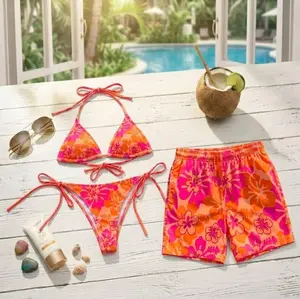 Summer 2026 Couple Beach Set, Orange Pink Retro Floral Bikini and Matching Hawaiian Shorts