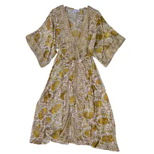 Bohemian Long Kimono , Long Recycled Silk Robes for Women, Printed Paisley Kimono Duster with Pockets,  Bridesmaid  Robe, Gift For Her