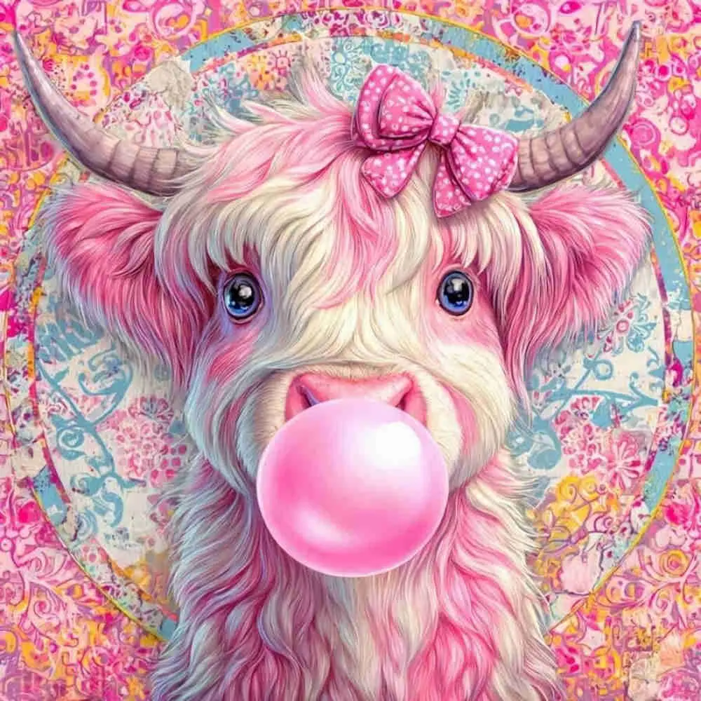 Cute Pink Highland Cow with Bubblegum & Bow Diamond Painting Kit, 5D Full Drill Round & Square Rhinestone Cross Stitch, Whimsical Farm Animal Art, Boho Floral Background, DIY Craft Handicraft Supplies for Girls Room Decor, Perfect Gift for Cow Lovers