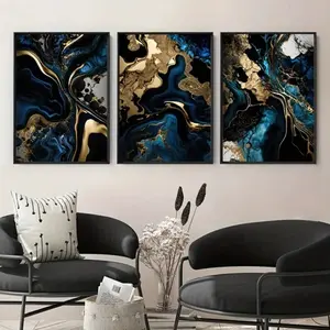 Modern Blue Gold Poster Wall Art Canvas Print Set, Modern Minimalist Design, 3pcs Wooden Frame Home Decor for Living Room Interior, Mdf Material, Art Wall Decoration