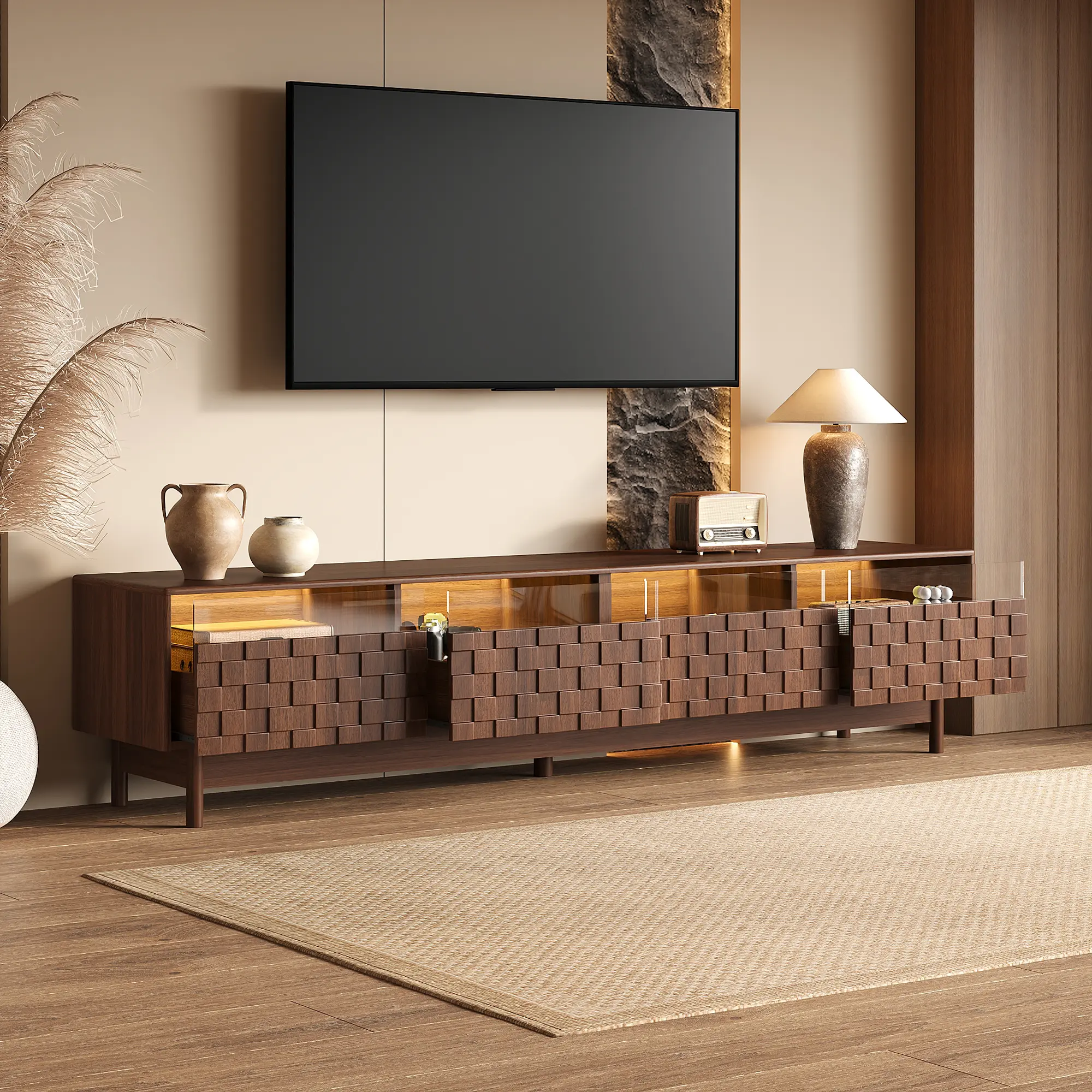 Modern Wood TV Stand with LED Lights, 4 Woven Texture Glass Drawers, Media Console Cabinet for 85 Inch TV, Walnut Entertainment Center with Cable Holes, Solid Wood Legs for Living Room decor shelf wooden medium tv console large multifunctional