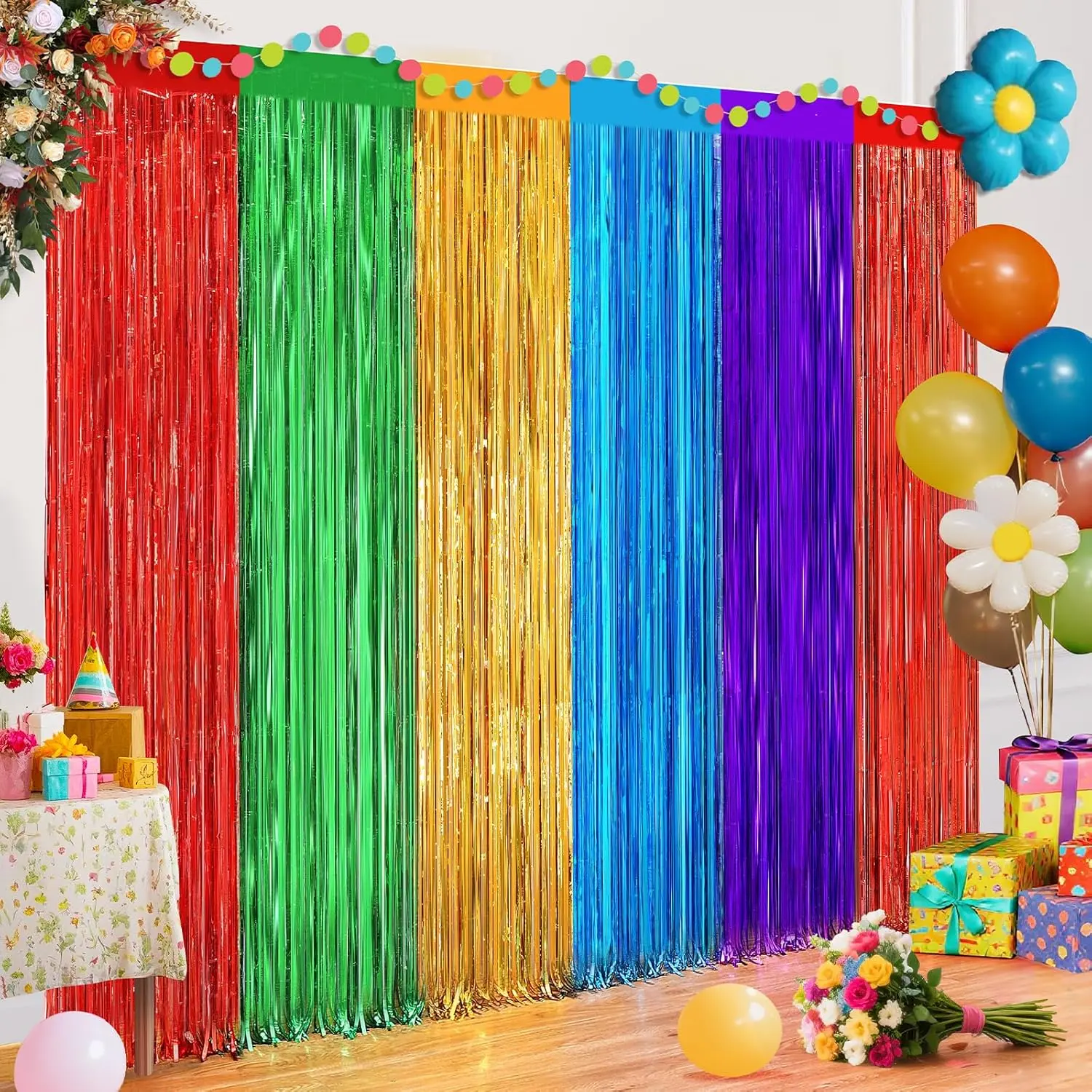 Shiny Metallic Colorful 2-Pack Rainbow Foil Fringe Door Curtain Set, 3.3ft x 6.6ft Mexican Style Streamer, Photo Booth Prop Backdrop for Birthday Party, Cinco De Mayo Decor