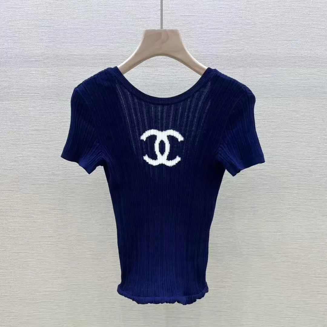 Pre-owned Chanel Blue & White Large Interlocking CC Logo Casual Shortsleeve Clothes, Size 34 102075