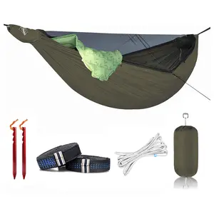 11ft Double Layer Camping Hammock with Zipper Bug Net - Lightweight, Waterproof, All-Weather Backpacking Hammock Set with Straps, 40D Ripstop Nylon