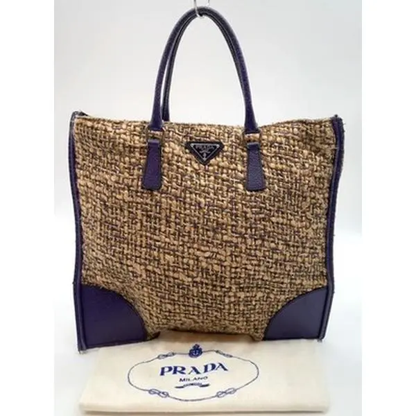 Pre-owned PRADA Other Top Handle Bag Triangle Logo Tweed Leather Beige Purple Handbag 12268911794/391416
