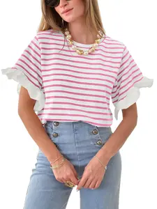 Aswulk Women's Casual Striped Tops Ruffle Sleeve Basic T Shirts Crewneck Short Sleeve Shirt Summer Fashion