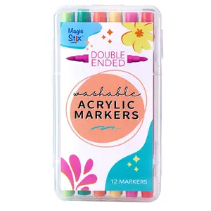 NEW! Magic Stix, Double-Ended Washable Acrylic Markers– Dual Tip (Bullet + Fine), 12 Pack