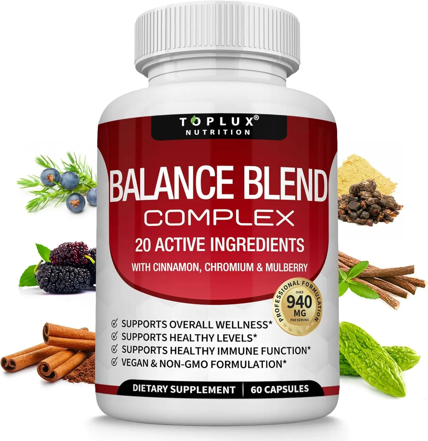 Natural Balance Blend Complex Supplement with Cinnamon 20 Natural Herbs and Vitamins for Glucose Support Blood Sugar Management and Metabolism Booster for Men and Women Non-GMO Vegan Friendly Wellness Formula 60 Capsules