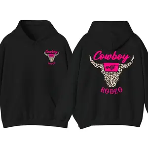 Cowboy Rodeo Hoodie, Western Bull Skull Pink Leopard Graphic Pullover, Trendy Country Style Streetwear, Casual Graphic Hoodie