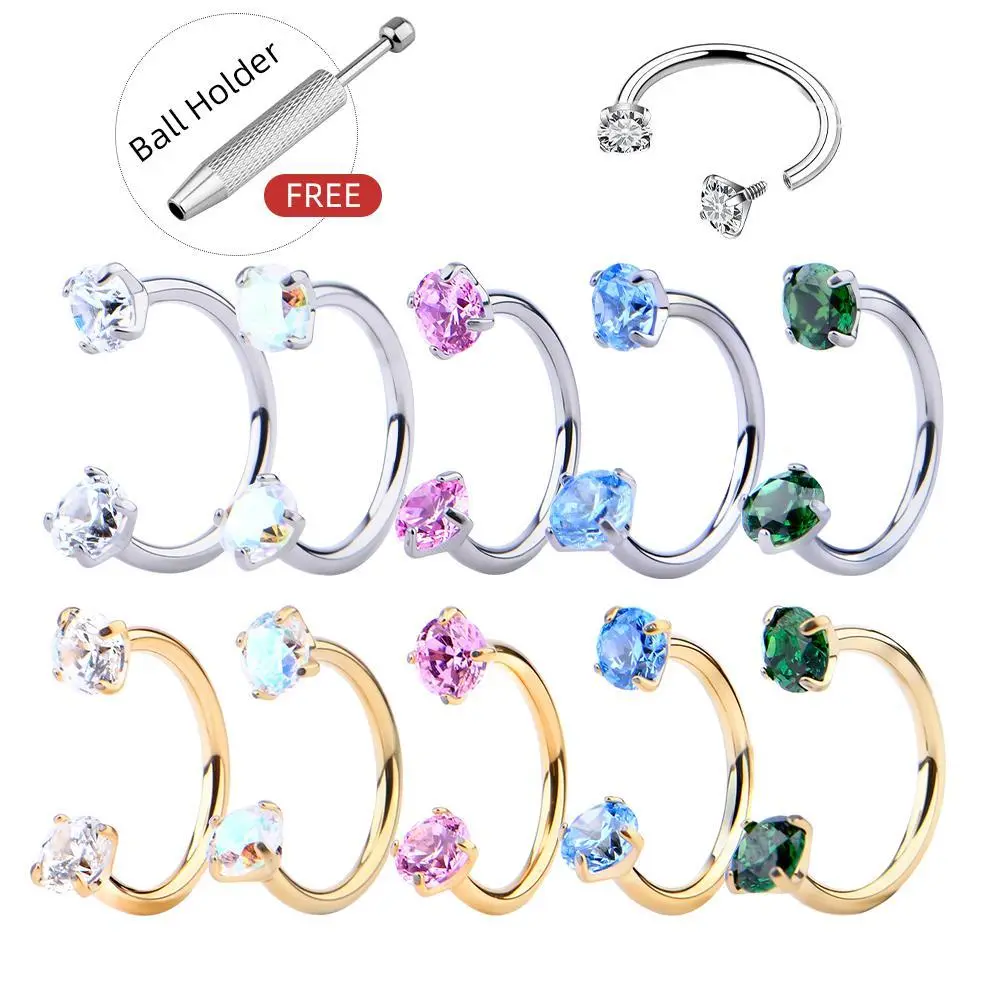 ARPURRAINA Unisex Titanium 20G-18G Internally Threaded Rhinestone Horseshoe Nose Hoop with Free Ball Holder, for Nose Piercing, Daith Cartilage Helix Earrings, Titanium Nose Hoops