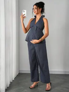 BELLAdresses 2pcs Maternity Set Halter Tie Back Bow Decor A-Line Shirred Top Striped Straight Leg Pants