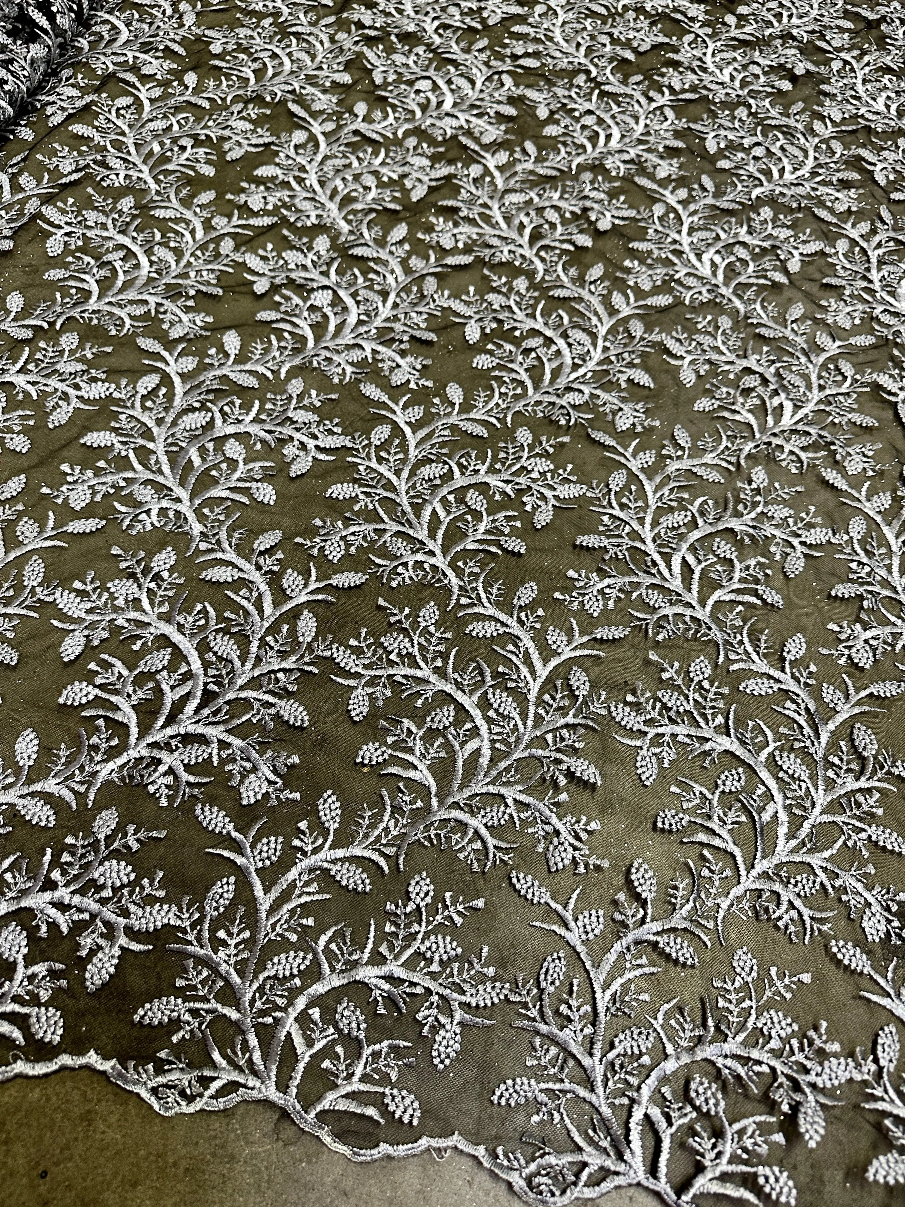 Silver Leaf Branch Embroidered Lace
