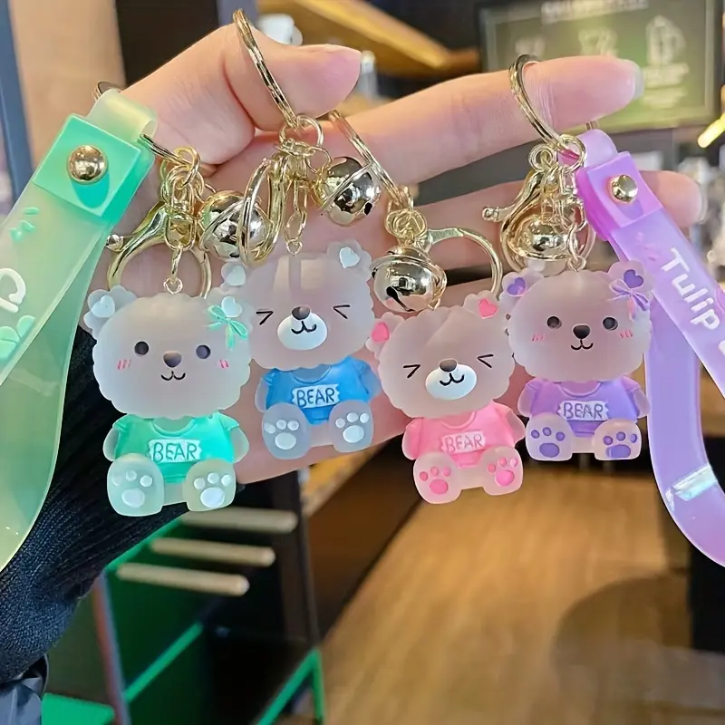 4pcs Cute Jelly Glazed Bear Keychains, Cartoon Doll Bag & Car Charms with Bells, Adorable Animal Key Rings, Perfect Ideal Christmas Gift for, Friends, Family On Holidays