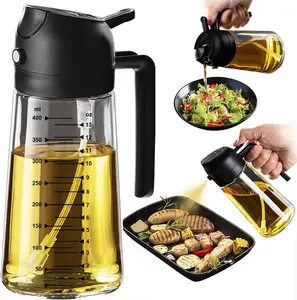 16oz/470ml Glass Olive Oil Sprayer for Cooking – 2 in 1 Olive Oil Dispenser Bottle for Kitchen Gadgets and Air Fryer Accessories, Salad, - Black