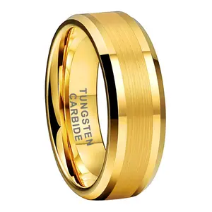 Yonifu Mens Tungsten Carbide Wedding Ring 8mm Scratch Resistant Comfort Fit Gold Brushed Finish Polished Beveled Edges Luxury Anniversary Gift for Him