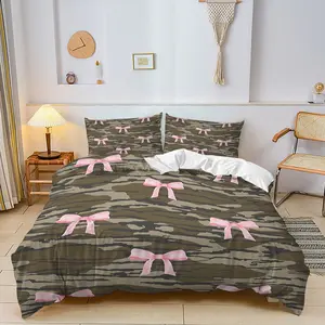 2/3Pcs Sweet and Cool Contrast Comforter Set,Camouflage Pink Bow Print Bedding Set,Soft and Breathable, Creating Rugged Camouflage Feel with Delicate Girlish Bow Element Bedroom Atmosphere. Includes 1 or 2 Pillowcases (Pillow Inserts Not Included)