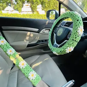 Daisy Pattern Steering Wheel Cover, Car Steering Wheel Cover, Steering Wheel Seat Belt Protector, Non-slip Automotive Accessory, Girly Car Accessories, Aesthetic Car Accessory, Car Interior Accessory, Car Interior Decoration