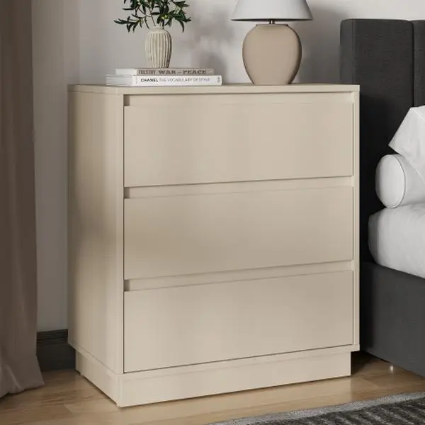 2-Piece Large 3-Drawer MDF P2 Wooden Storage Dresser Set, Modern Bedroom Nightstand with Hidden Slides Pull-Out System, Wide Bedside Table for Living Room, Beige