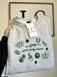 Lucky Charm Embroidered Sweatshirt, St Patrick’s Day Crewneck, Lucky Symbols Embroidery, Unisex Cozy Graphic Pullover, Festive Irish Gift