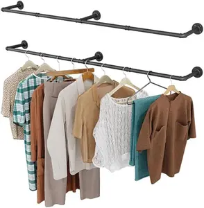 Clothes Rack, 65.7" Industrial Pipe Clothing Rack 2 Pack for Clothes, Wall Mounted Heavy Duty Space Saving Garment Rack for Closet Storage, Black, 3 Base