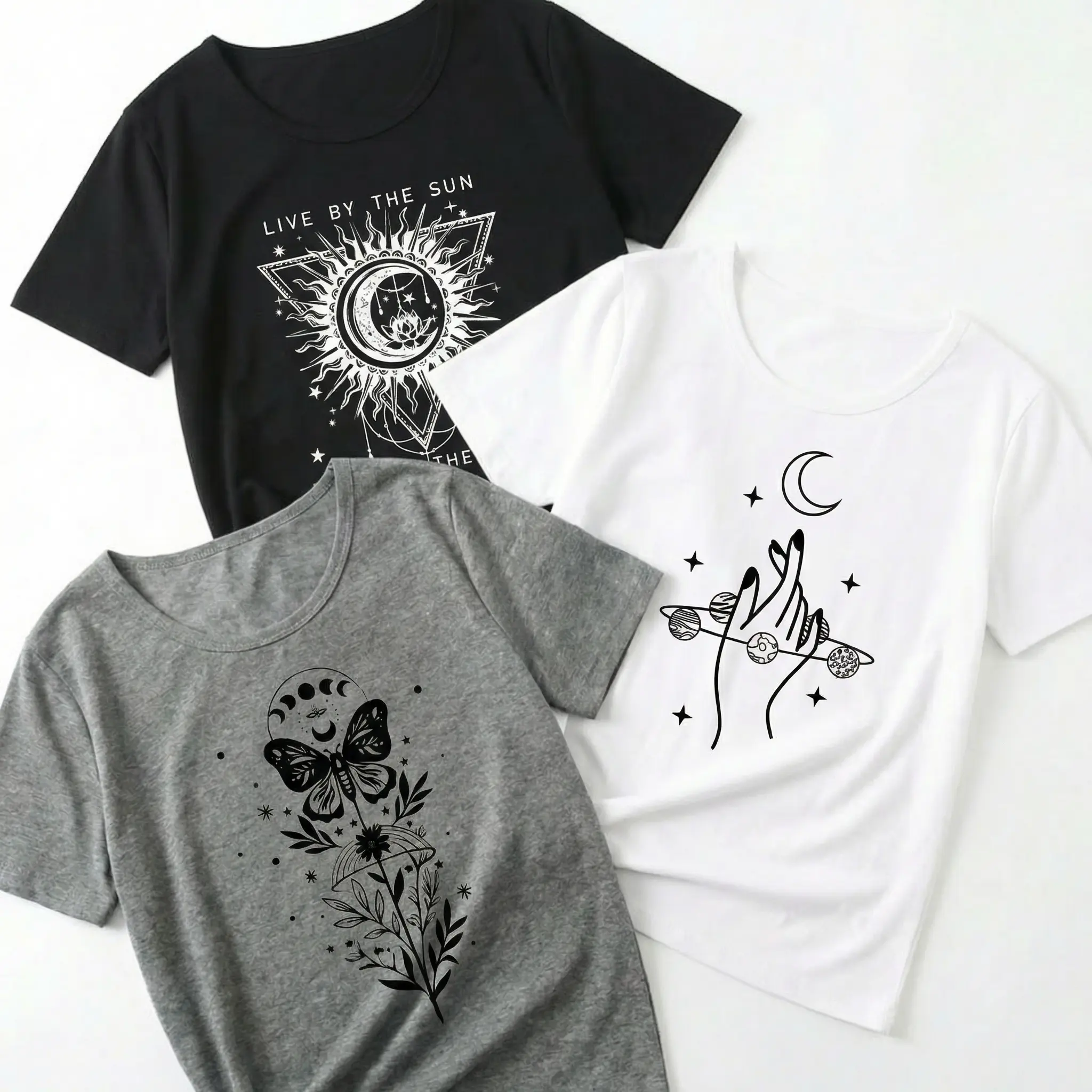 Women's 3-Pack Boho Celestial Graphic T-Shirts - Butter-Soft Rayon, Relaxed Fit, Women's Clothing Ideal for Everyday Wear, Cardigan Layering, Preppy, Shortsleeve, Breathable, Casual Tops, Polyester Blend, T Shirts For Women