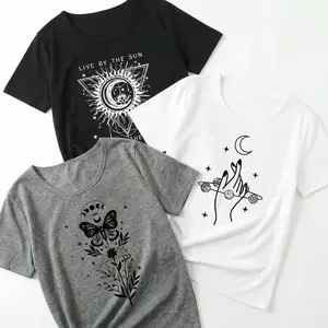 Celestial Graphic Tee 3 Pack Women Mystical Sun Moon Butterfly Print Boho Aesthetic Short Sleeve Shirt Bundle Casual Tops Gift