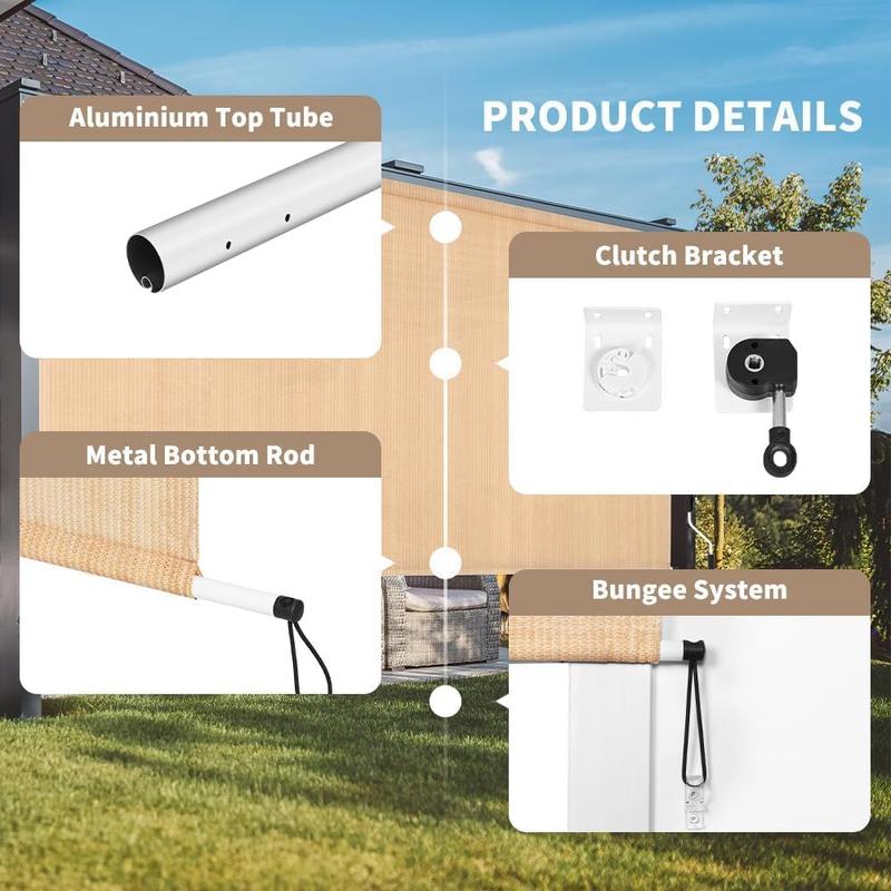 Outdoor Roller Shade 4' W x 6' L Cordless Patio Shades Roll Up Outdoors Blinds with UV Protection, Exterior Roller Shades Cloth for Porch Pergola, Walnut