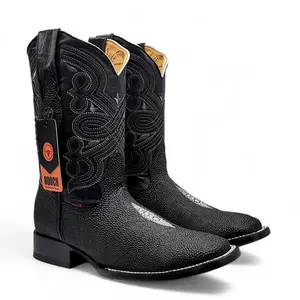 Bota Vaquera para Hombre con Punta Cuadrada Ancha Grabado Tipo Mantarraya con Perla Sencilla – Hooch Boots H529405