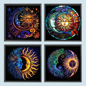 Moon & Sun Pattern DIY Diamond Art Painting Without Frame, 4 Set DIY 5D Diamond Arts Painting Kit, Diamond Painting Kits, Wall Art Decor For Home Living Room Bedroom