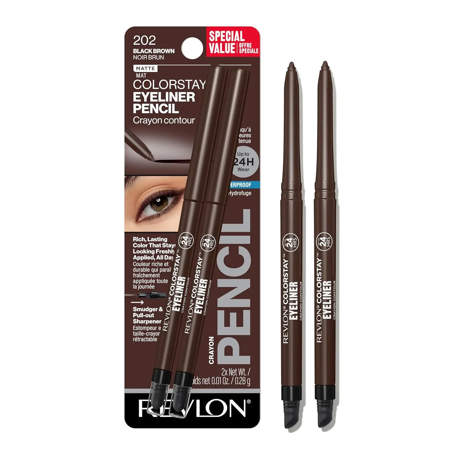 2 PACK Revlon ColorStay Pencil Waterproof Eyeliner, Smudge-Proof, Eye Makeup with Built-In Sharpener, Long-Lasting, Matte Finish, 202 Black Brown, 2 pack