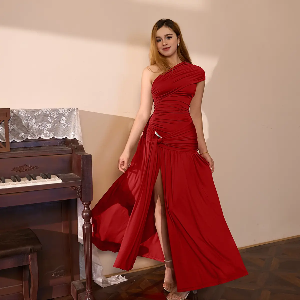 oys one shoulder dress OYS Women's Elegant One Shoulder Sleeveless Ruched High Split Long Formal  Evening Dress