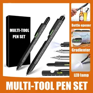 9-in-1 & 6-in-1 Multifunctional Tool Pen, 2 Pcs Portable Durable Stylish Ballpoint Pen with LED Lamp, Screwdriver, Touch Screen Stylus, Bottle Opener, Gradienter, Scale Ruler Design, Multifunctional Writing Pen