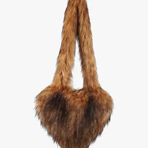 Womens Faux Fur Shoulder Bag Furry Purse Handbag Crossbody Bag Heart Shaped with Shoulder Strap