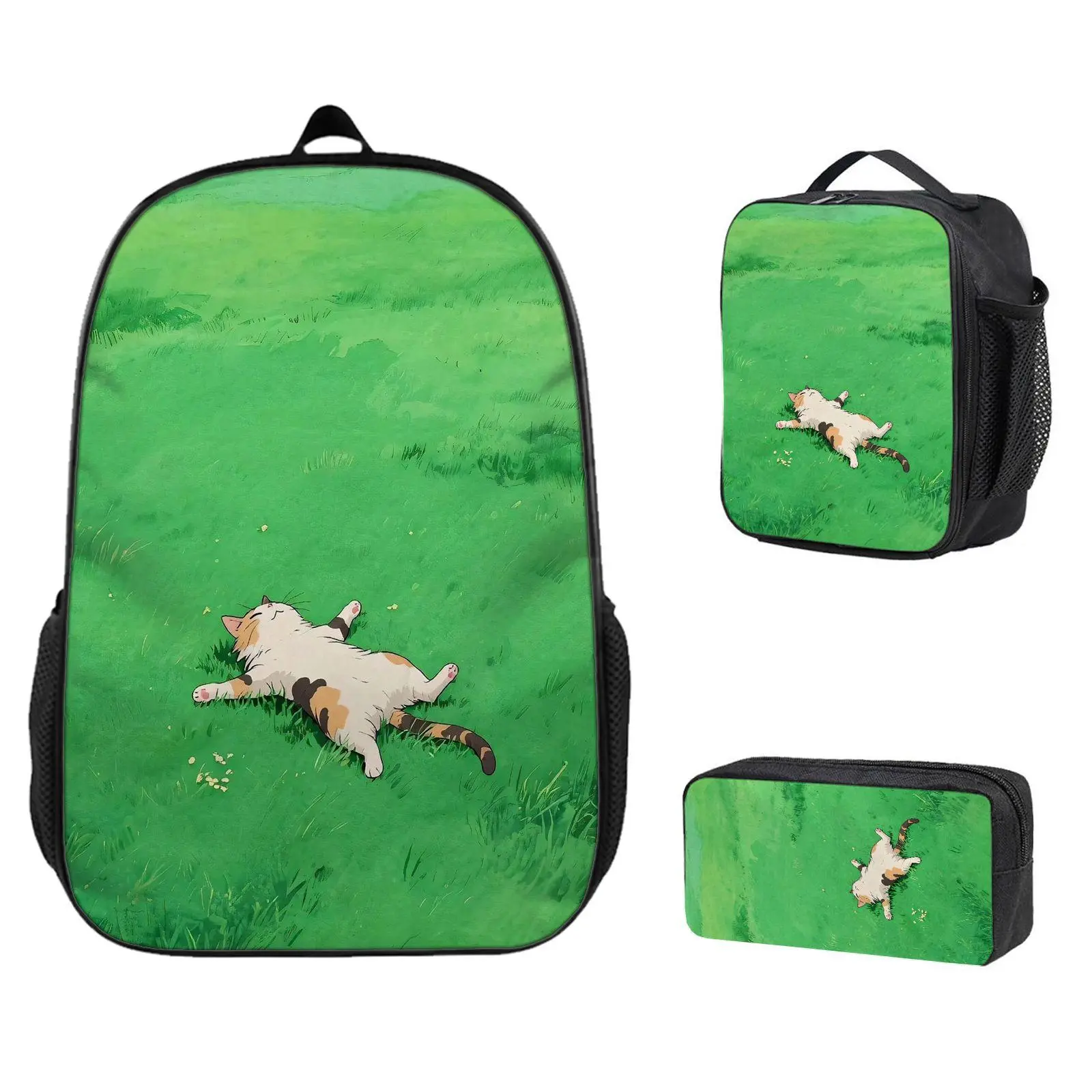 3-Piece Lightweight Casual Backpack Set - Insulated Meal Bag, Pencil Case,Cute Cat Lying On Green Grass, Anime Style Print, Relaxing Nature Scene, Soft Watercolor Art, KawaiiAnime gifts, children will definitely love high-quality backpacks