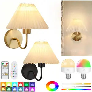 American-style cordless wall lamp with decorative canvas cover, rechargeable bulb, dimmable, rechargeable RGB, remote control, timer, suitable for bedrooms, bedside, living rooms, and stairwells