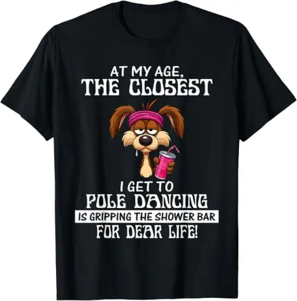 2026 Summer "At My Age" Sarcastic Dad Joke Crew Neck Tee - Black Breathable Fabric with Hilarious Quote & Cartoon Dog Design Casual Shirt