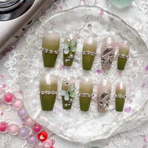 Custom Long Square Press On Nails | Olive Green Ombre with Nude | Crystal, Rhinestone & 3D Flower Accent | Handcrafted Luxury Nail Set