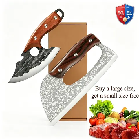 2-pcs Handmade Forged Stainless Steel Kitchen Knife Set:Boning/Chef/Butcher/Fish Skin Knive.Suitable for outdoor or home meat cutting. Wooden handles. Ideal kitchen knives and a perfect gift for loved ones. High-quality essential cooking k