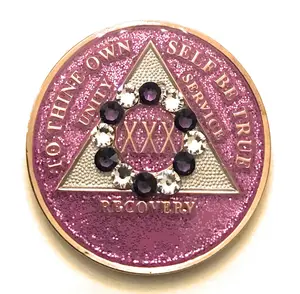 Lavender Glitter Blingy Sobriety Medallion With a Circle of Purple & White Crystals