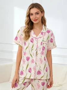 Women's Tulip Print Shirt and Elastic Waist Pants Pajama Set, Casual Long Sleeve Knit Sleepwear, All Seasons Home Wear