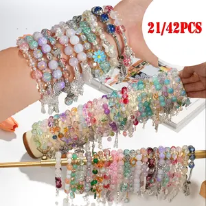 21/42pcs Colorful Glass Beaded Butterfly Flower Charms Bracelet Set for Women - Boho Charms, Stackable Wristbands, Trendy Retro Jewelry for Women, Ideal for Spring Summer Daily Wear