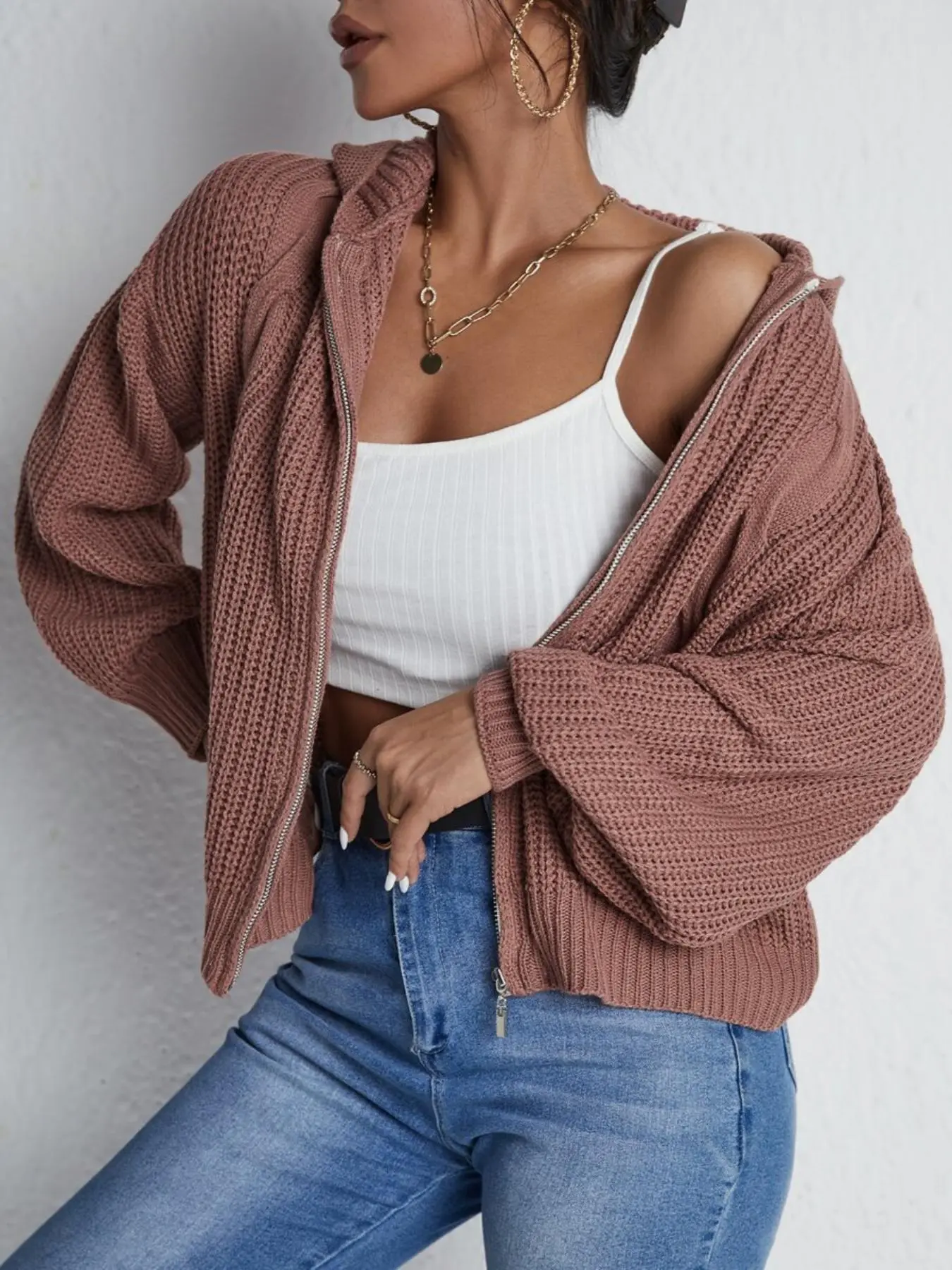 Women's Zipper Up Hooded Casual Cardigan Sweater, Autumn/Winter Long Sleeve Solid Color Cable Knit Fashion Loose Fit Soft Cozy Stylish Knit Cardigan, Women Fall Outfit, Winter Sweater for Women, Cute Knitwear for Women, Fall knitted Outerwear, Womenswear