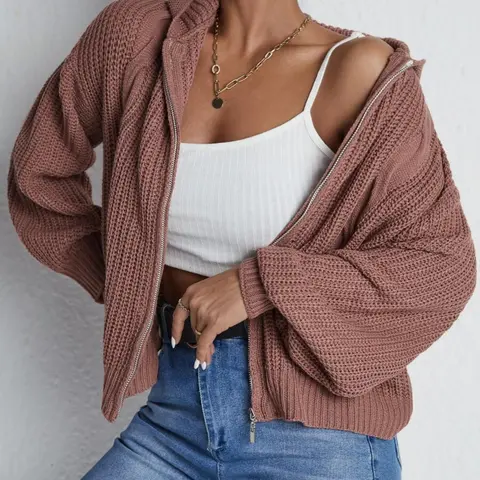 Women's Zipper Up Hooded Casual Cardigan Sweater, Autumn/Winter Long Sleeve Solid Color Cable Knit Fashion Loose Fit Soft Cozy Stylish Knit Cardigan, Women Fall Outfit, Winter Sweater for Women, Cute Knitwear for Women, Fall knitted Outerwear, Womenswear
