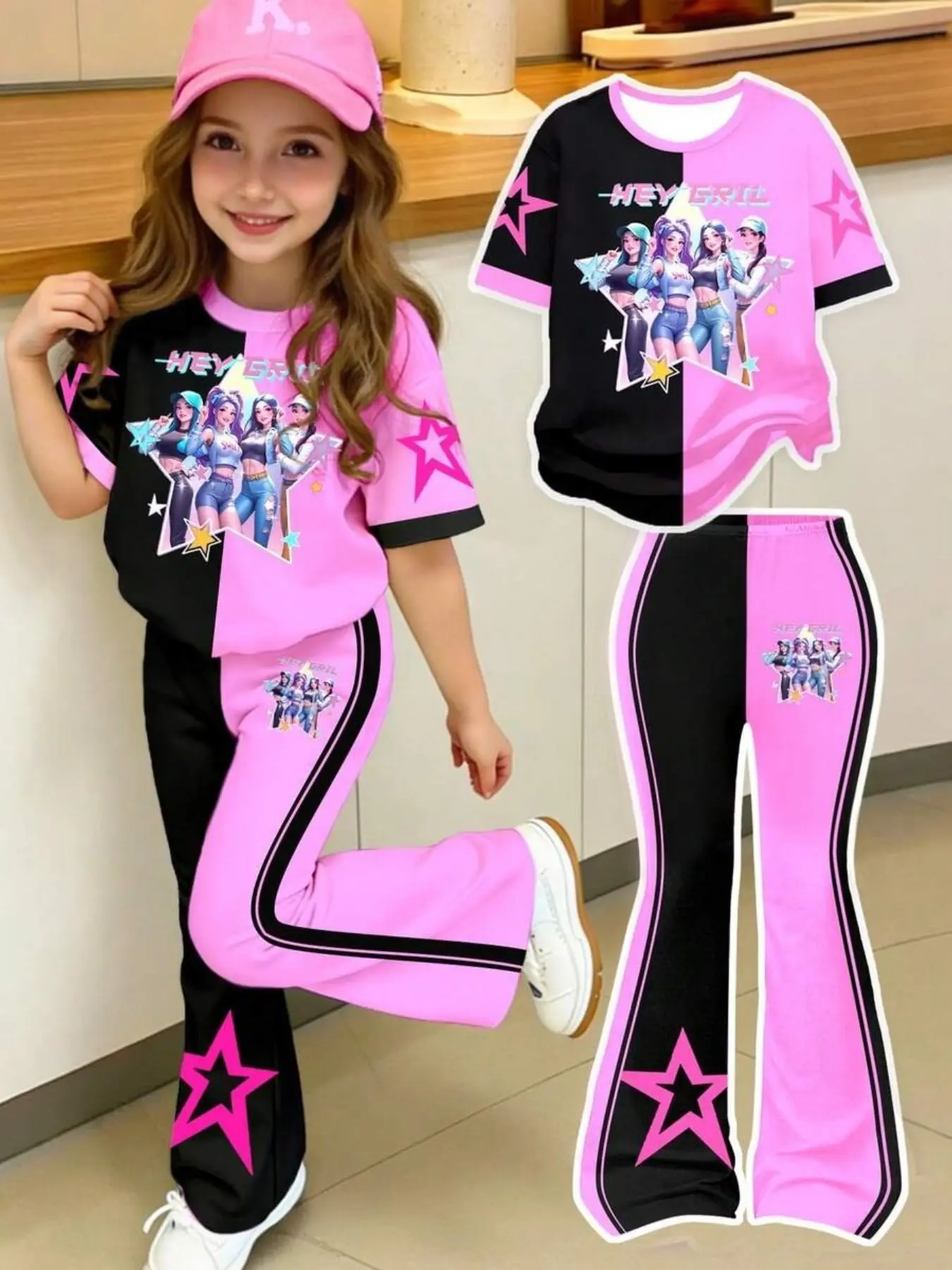 Patchwork Hey Gril Tween Set, Slim-Fitting Cartoon Pattern Suit, Two-Piece for Girls, Fashionable and Trendy Patchwork Hey Gril Tween Set, Slim-Fitting Cartoon Pattern Suit, Two-Piece for Girls, Fashionable and Trendy